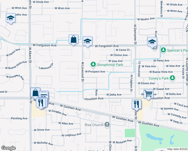 map of restaurants, bars, coffee shops, grocery stores, and more near 4312 West Harold Avenue in Visalia