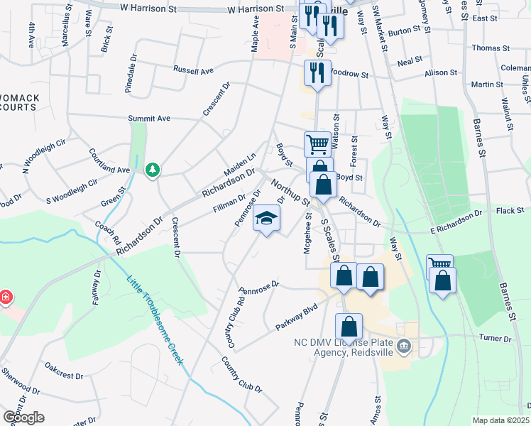 map of restaurants, bars, coffee shops, grocery stores, and more near 1220 South Park Drive in Reidsville