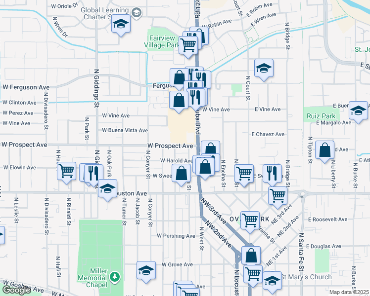 map of restaurants, bars, coffee shops, grocery stores, and more near 1729 North Willis Street in Visalia