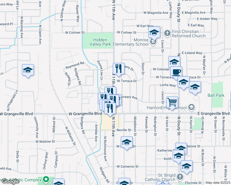 map of restaurants, bars, coffee shops, grocery stores, and more near 1807 North 11th Avenue in Hanford