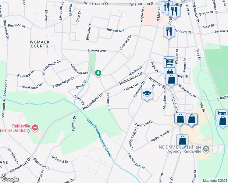 map of restaurants, bars, coffee shops, grocery stores, and more near 1220 Fillman Drive in Reidsville