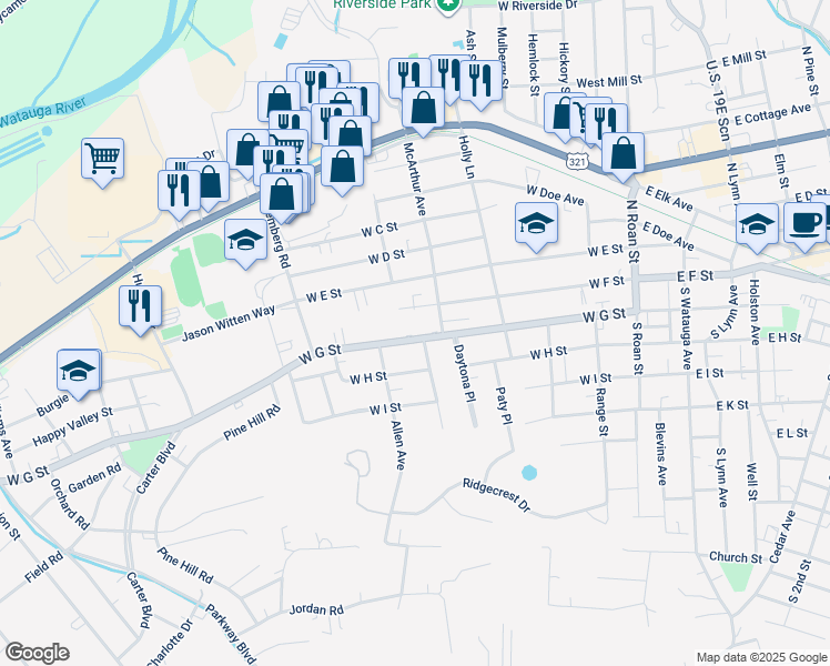 map of restaurants, bars, coffee shops, grocery stores, and more near 601 West G Street in Elizabethton