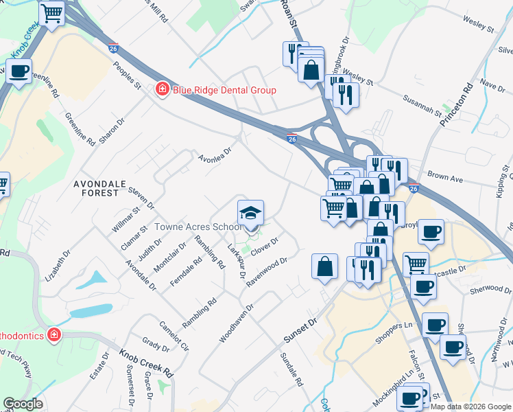 map of restaurants, bars, coffee shops, grocery stores, and more near 2517 Larkspur Drive in Johnson City