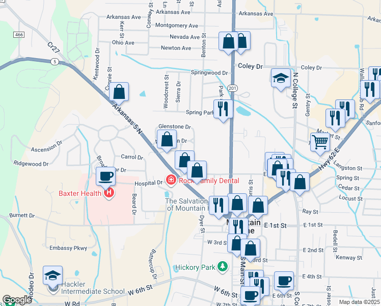 map of restaurants, bars, coffee shops, grocery stores, and more near 330 Glenstone Drive in Mountain Home