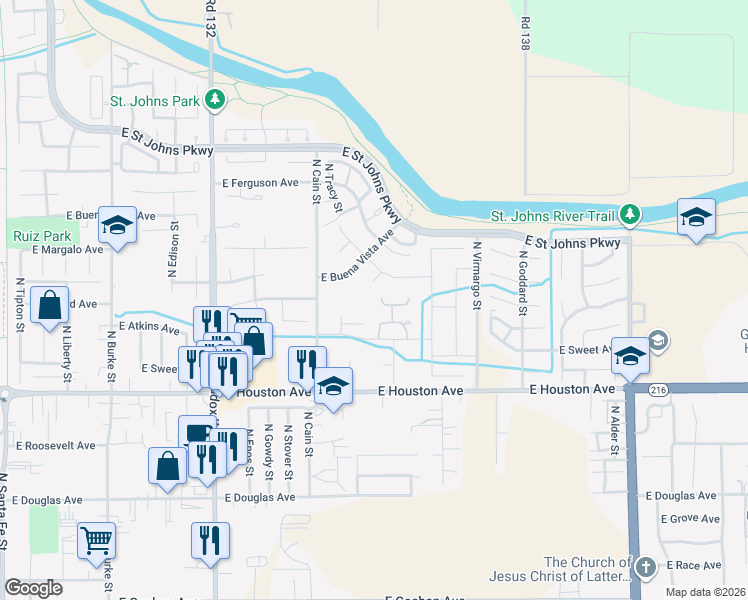 map of restaurants, bars, coffee shops, grocery stores, and more near 1948 East Harold Avenue in Visalia