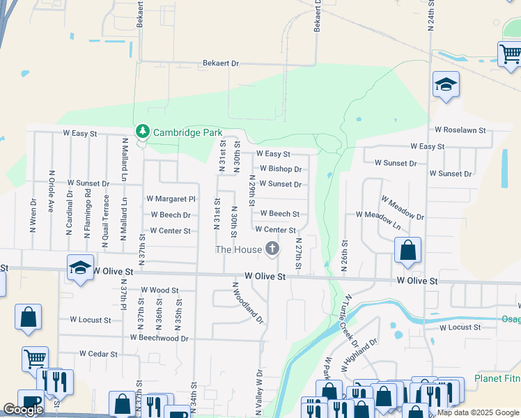 map of restaurants, bars, coffee shops, grocery stores, and more near 2809 West Beech Street in Rogers