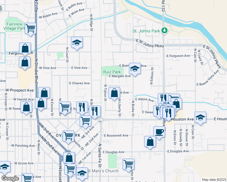map of restaurants, bars, coffee shops, grocery stores, and more near 630 E Harold Ave in Visalia
