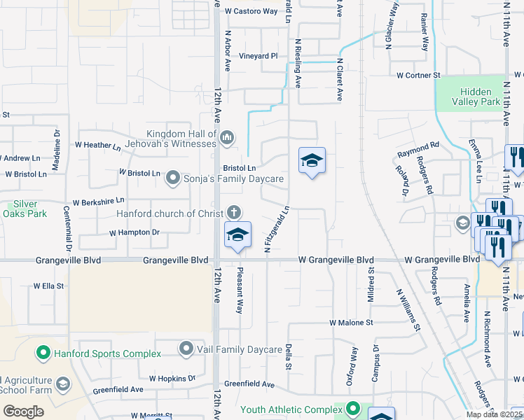 map of restaurants, bars, coffee shops, grocery stores, and more near 1566 West Picadilly Court in Hanford
