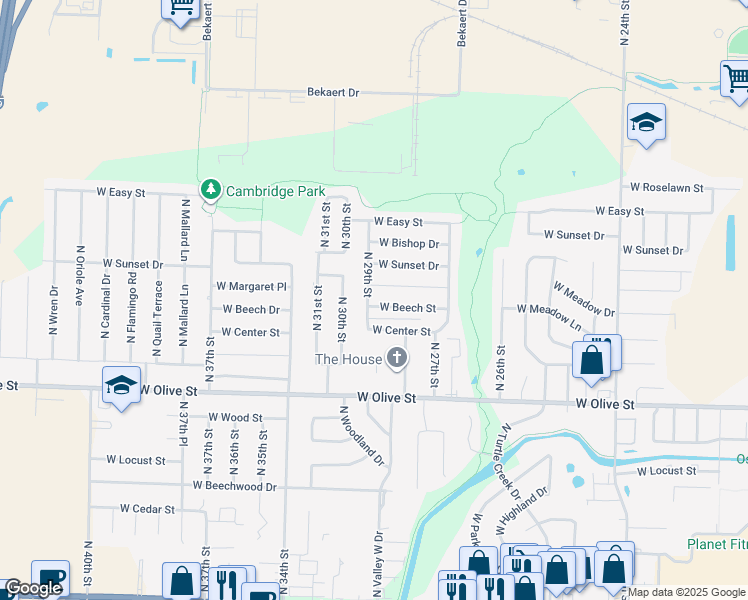 map of restaurants, bars, coffee shops, grocery stores, and more near 2809 West Beech Street in Rogers
