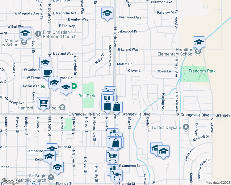 map of restaurants, bars, coffee shops, grocery stores, and more near 1800-1818 N 10th Ave in Hanford