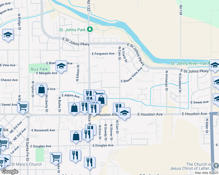 map of restaurants, bars, coffee shops, grocery stores, and more near 2315 North Stover Street in Visalia