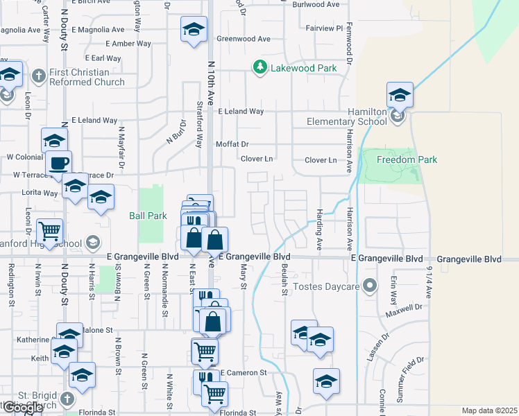 map of restaurants, bars, coffee shops, grocery stores, and more near 852 East Grangeville Boulevard in Hanford