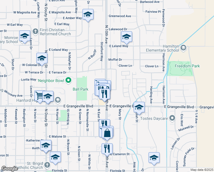 map of restaurants, bars, coffee shops, grocery stores, and more near 1800-1818 N 10th Ave in Hanford