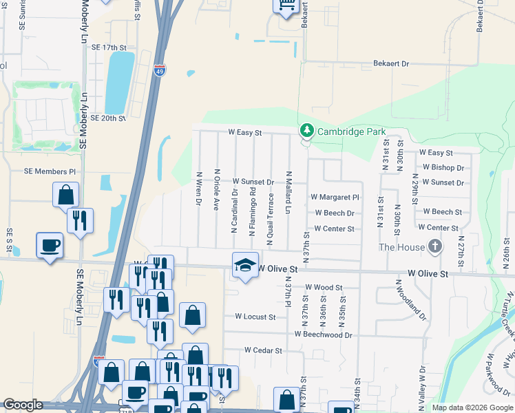 map of restaurants, bars, coffee shops, grocery stores, and more near 1101 North Flamingo Road in Rogers