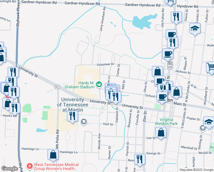 map of restaurants, bars, coffee shops, grocery stores, and more near 104 Willow Lane in Martin