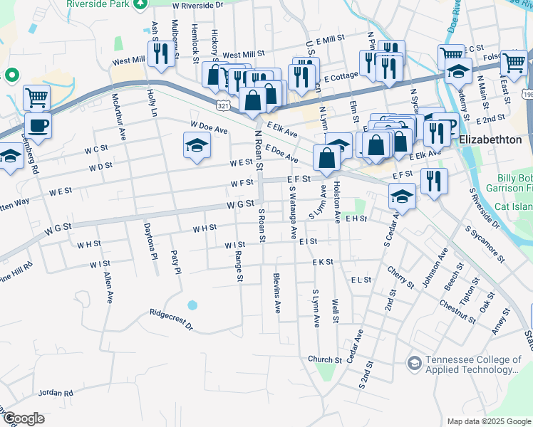 map of restaurants, bars, coffee shops, grocery stores, and more near 228 South Roan Street in Elizabethton