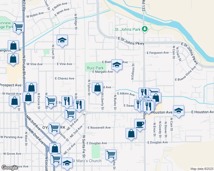 map of restaurants, bars, coffee shops, grocery stores, and more near 742 East Harold Avenue in Visalia