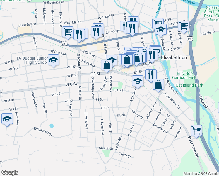 map of restaurants, bars, coffee shops, grocery stores, and more near 404 East H Street in Elizabethton