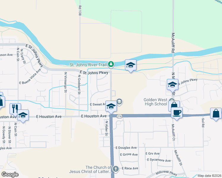 map of restaurants, bars, coffee shops, grocery stores, and more near 1700 North Lovers Lane in Visalia