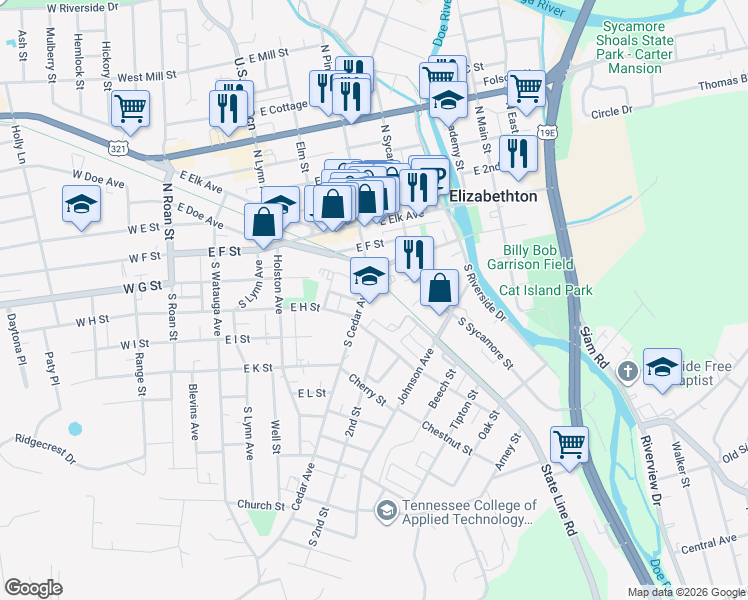 map of restaurants, bars, coffee shops, grocery stores, and more near 226 South Cedar Avenue in Elizabethton