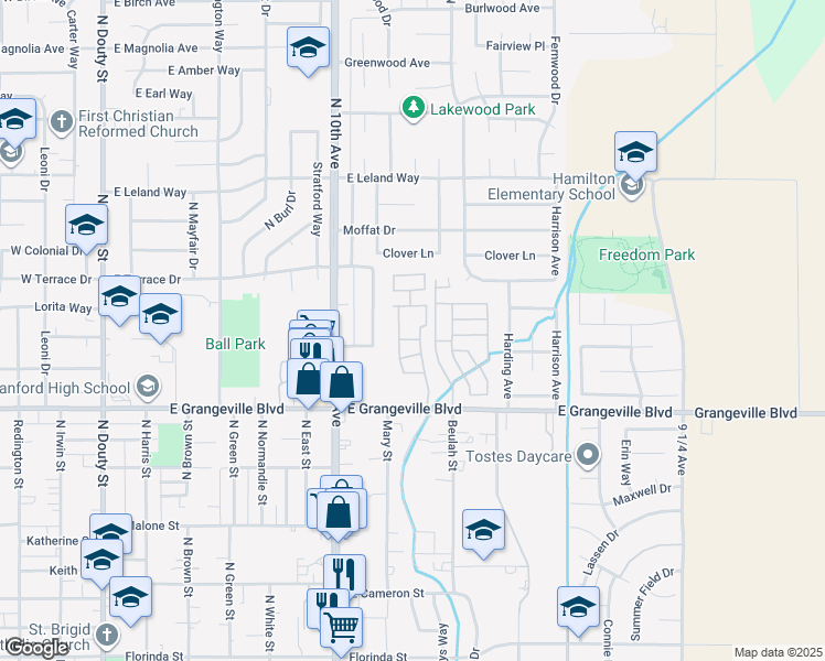 map of restaurants, bars, coffee shops, grocery stores, and more near 852 East Grangeville Boulevard in Hanford
