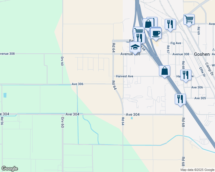 map of restaurants, bars, coffee shops, grocery stores, and more near Ave 306 in Visalia