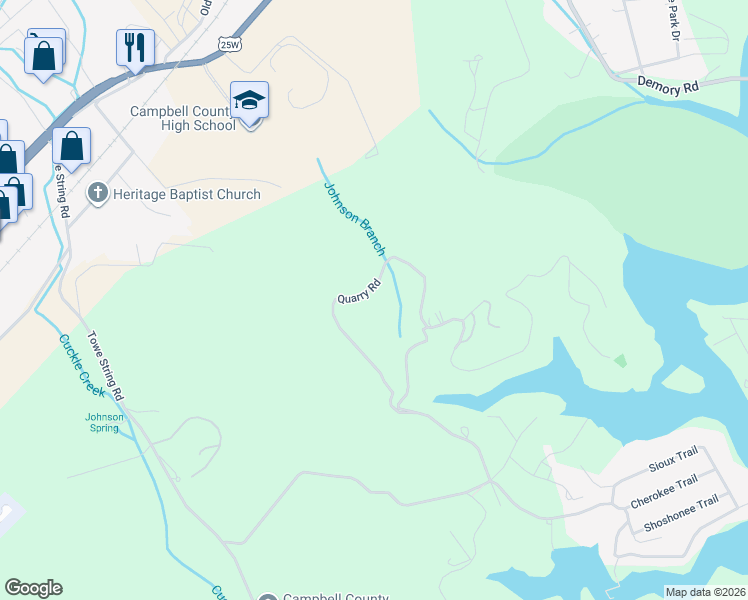 map of restaurants, bars, coffee shops, grocery stores, and more near 328 Quarry Road in Jacksboro