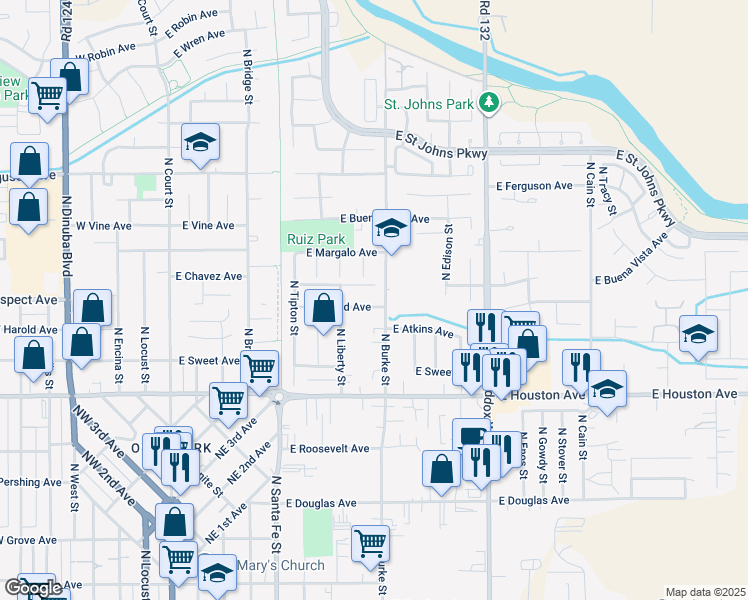 map of restaurants, bars, coffee shops, grocery stores, and more near 836 East Harold Avenue in Visalia