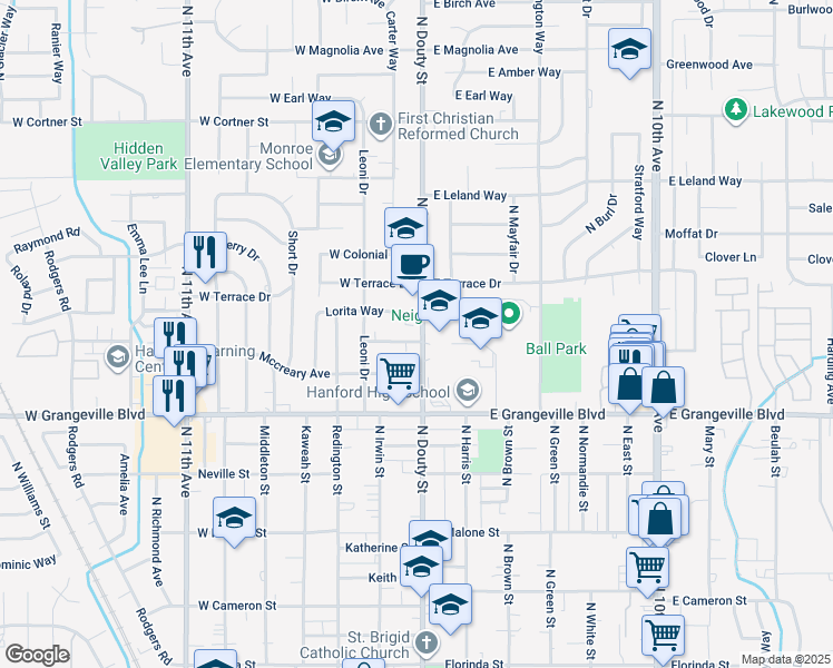 map of restaurants, bars, coffee shops, grocery stores, and more near 100 High Street in Hanford