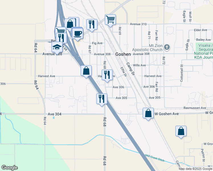 map of restaurants, bars, coffee shops, grocery stores, and more near 30600 Road 68 in Visalia