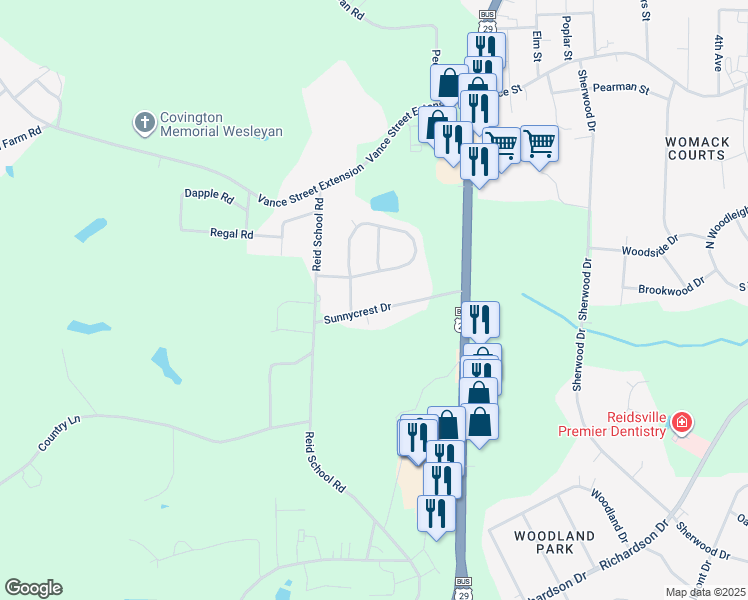 map of restaurants, bars, coffee shops, grocery stores, and more near 2516 Sunnycrest Drive in Reidsville