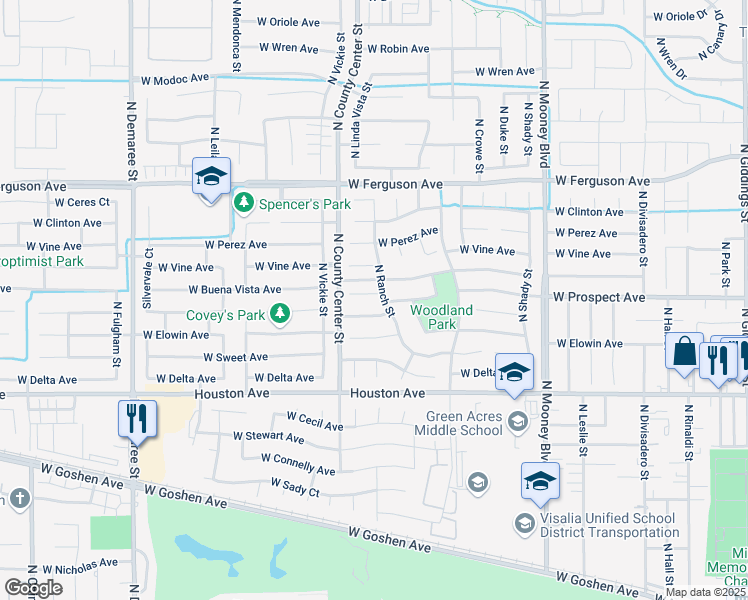 map of restaurants, bars, coffee shops, grocery stores, and more near 2737 West El Portal Court in Visalia