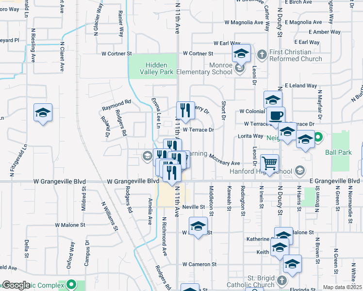 map of restaurants, bars, coffee shops, grocery stores, and more near 1809 North 11th Avenue in Hanford