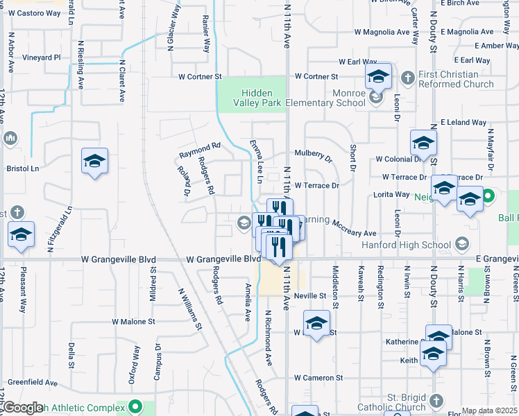 map of restaurants, bars, coffee shops, grocery stores, and more near 851 Jana Way in Hanford