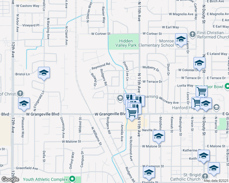 map of restaurants, bars, coffee shops, grocery stores, and more near 928 Conquistador Street in Hanford