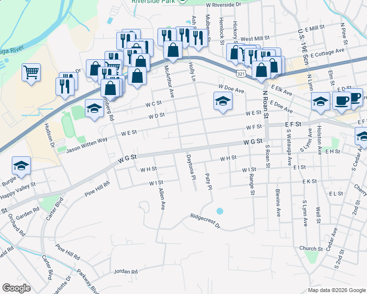 map of restaurants, bars, coffee shops, grocery stores, and more near 439 West G Street in Elizabethton