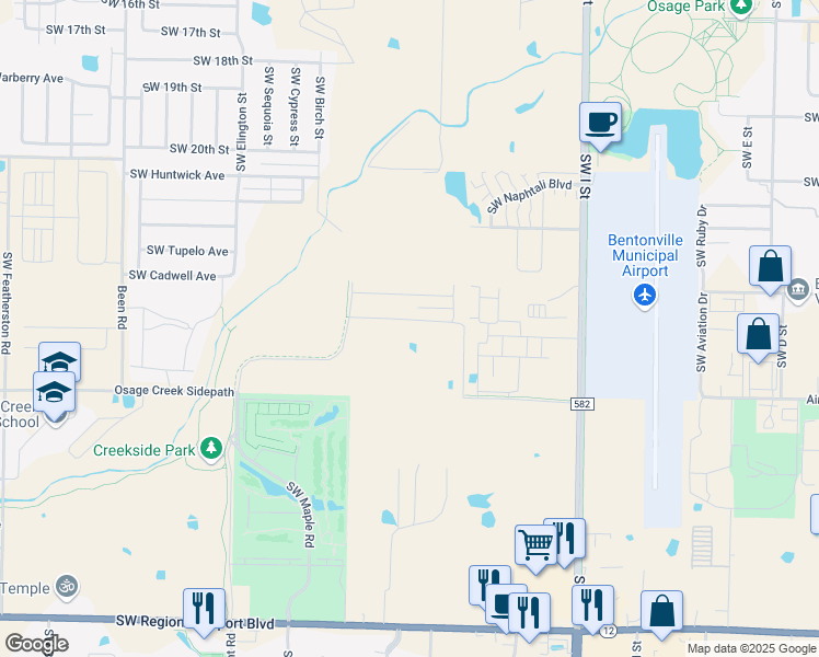 map of restaurants, bars, coffee shops, grocery stores, and more near 3002 Southwest I Street in Bentonville
