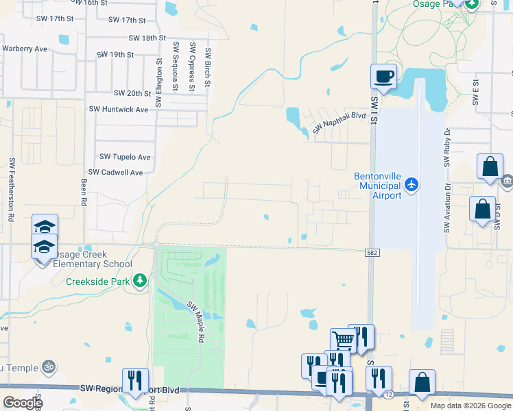 map of restaurants, bars, coffee shops, grocery stores, and more near 3002 Southwest I Street in Bentonville