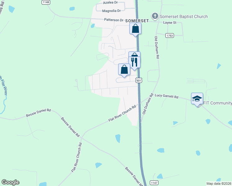 map of restaurants, bars, coffee shops, grocery stores, and more near 58 South 2nd Street in Roxboro