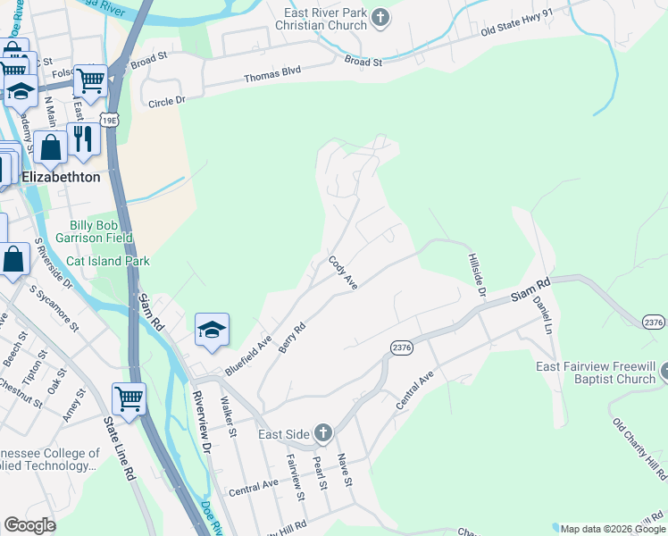 map of restaurants, bars, coffee shops, grocery stores, and more near 1201 Ledford Street in Elizabethton