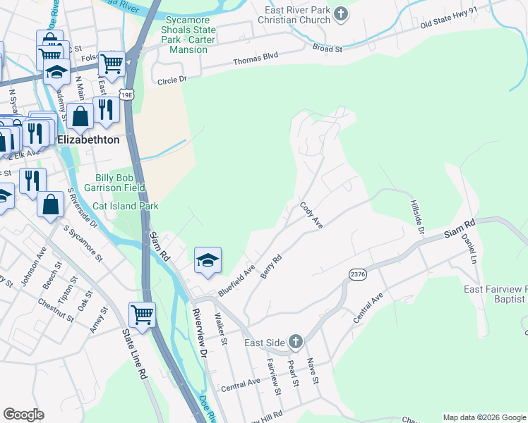 map of restaurants, bars, coffee shops, grocery stores, and more near 1133 Bluefield Ave in Elizabethton