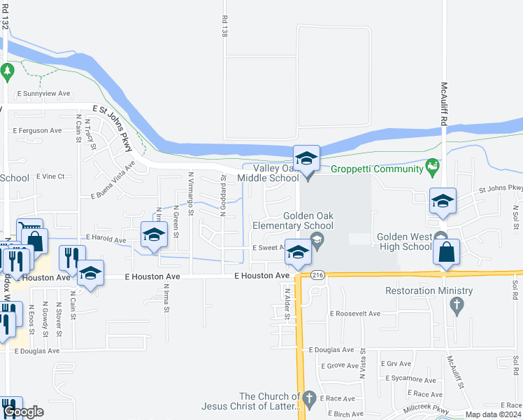 map of restaurants, bars, coffee shops, grocery stores, and more near 1743 North Maple Street in Visalia