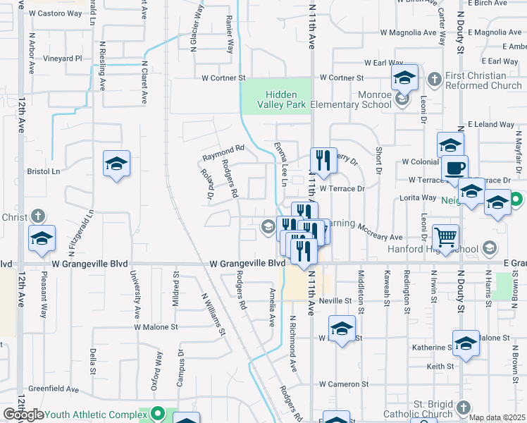 map of restaurants, bars, coffee shops, grocery stores, and more near 928 Conquistador Street in Hanford