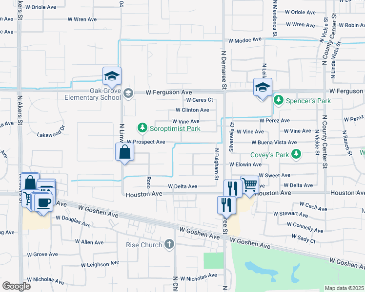 map of restaurants, bars, coffee shops, grocery stores, and more near 4015 West Prospect Avenue in Visalia
