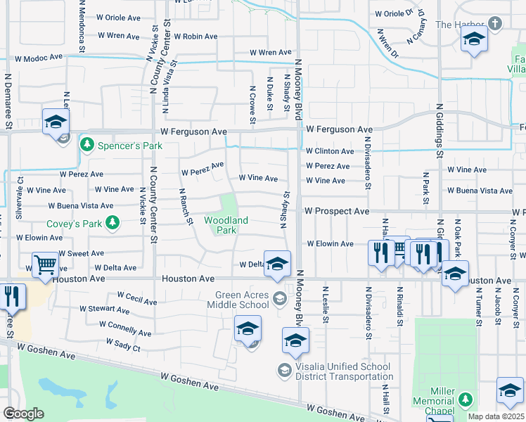 map of restaurants, bars, coffee shops, grocery stores, and more near 2311 West Prospect Avenue in Visalia