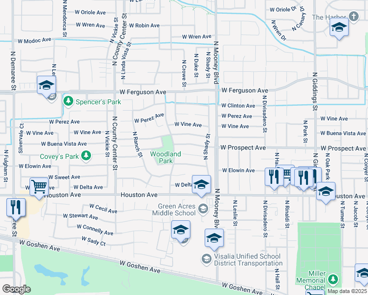 map of restaurants, bars, coffee shops, grocery stores, and more near 2341 West Prospect Avenue in Visalia