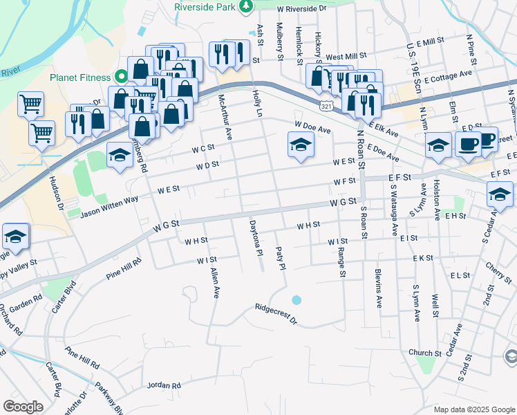 map of restaurants, bars, coffee shops, grocery stores, and more near 439 West G Street in Elizabethton
