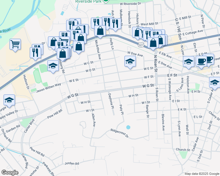 map of restaurants, bars, coffee shops, grocery stores, and more near 439 West G Street in Elizabethton