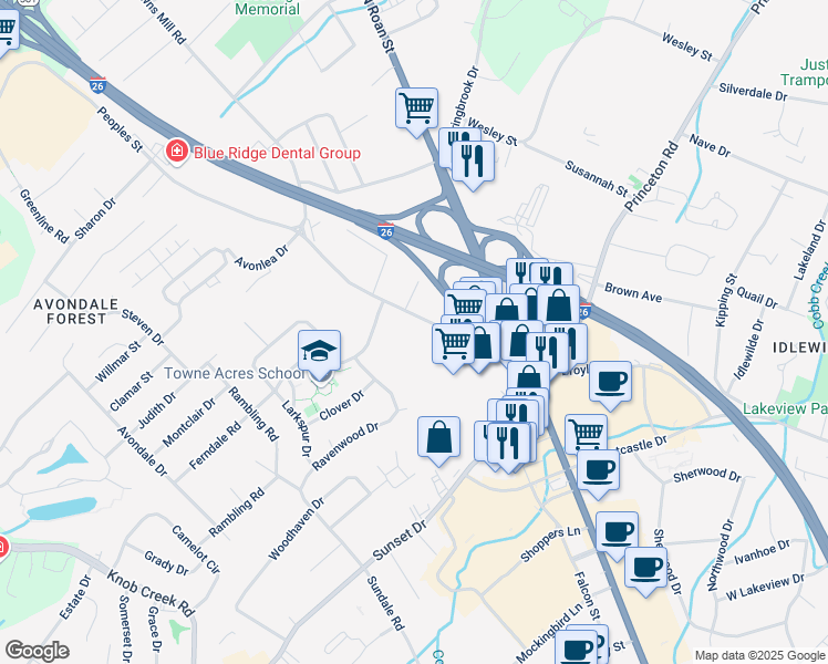 map of restaurants, bars, coffee shops, grocery stores, and more near 2403 Browns Mill Road in Johnson City