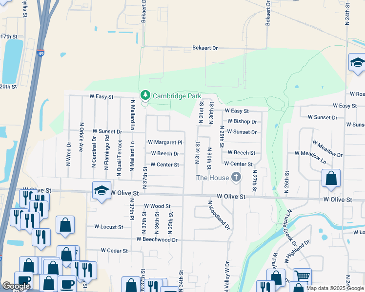 map of restaurants, bars, coffee shops, grocery stores, and more near 3405 West Beech Drive in Rogers
